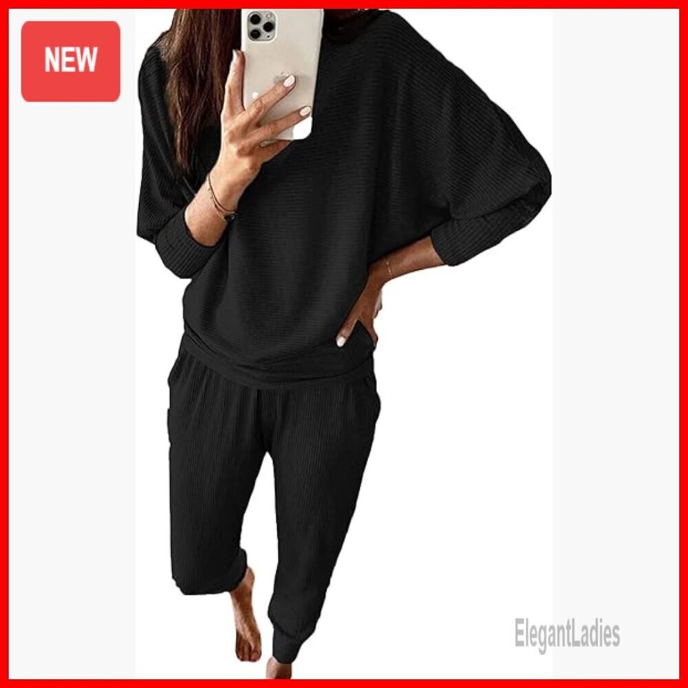 Women's Long Sleeve Ribbed Tracksuit Set, Relaxed Fit, 2-Piece Lounge Outfit - Picture 1 of 7